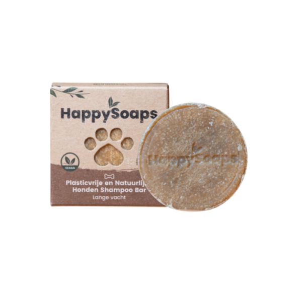 Produktbild braune Happy Soaps Hunde Shampoo langhaar mit Verpackung